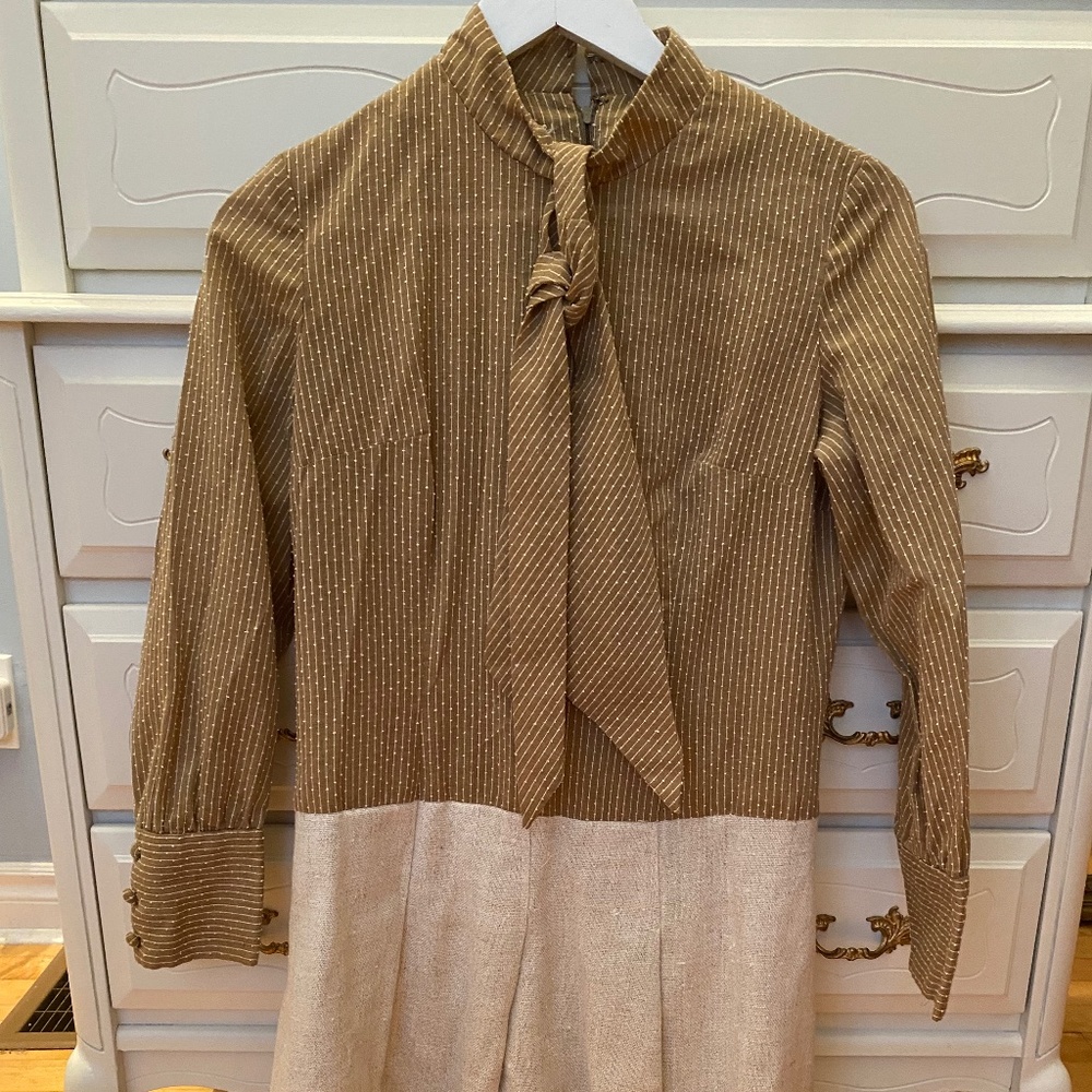 60s/70s Size S Mini Dress Neck Tie Linen Skirt Gold Beige Bodice